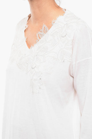 V-neck Wool Sweater with Lace Details