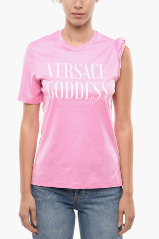 Crew Neck GODDESS Cotton T-Shirt with Gathered Sleeve