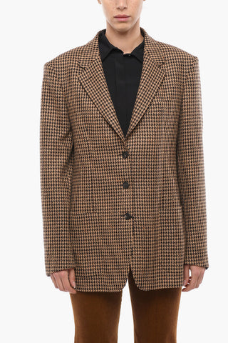 Houndstooth Wool Blend Blazer with Patch Pockets