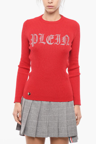 Maglia Girocollo in Lana a Costine con Logo in Cristalli