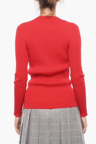 Maglia Girocollo in Lana a Costine con Logo in Cristalli
