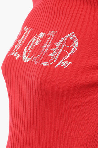Maglia Girocollo in Lana a Costine con Logo in Cristalli