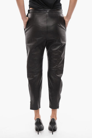 Tapered Cropped Fit Leather Pants with Side Zip