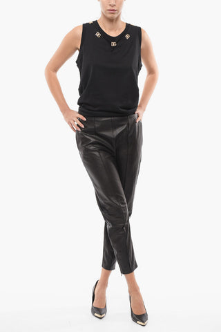 Tapered Cropped Fit Leather Pants with Side Zip