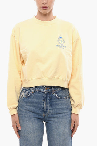 Solid Color Crop Crew-neck Sweatshirt with Contrasting Print