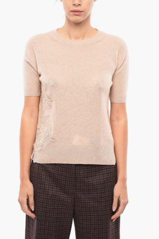 Short-sleeved Cashmere Sweater with Embroidered Details