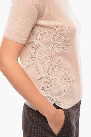 Short-sleeved Cashmere Sweater with Embroidered Details
