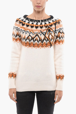 Pullover Girocollo in Misto Lana con Ricamo e Cristalli
