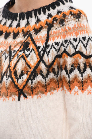Pullover Girocollo in Misto Lana con Ricamo e Cristalli

