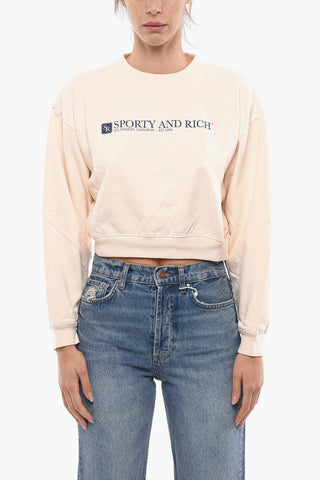 Solid Color Crop Crew-neck Sweatshirt with Contrasting Print