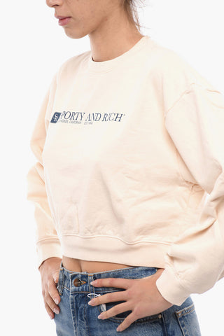 Solid Color Crop Crew-neck Sweatshirt with Contrasting Print