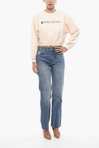 Solid Color Crop Crew-neck Sweatshirt with Contrasting Print