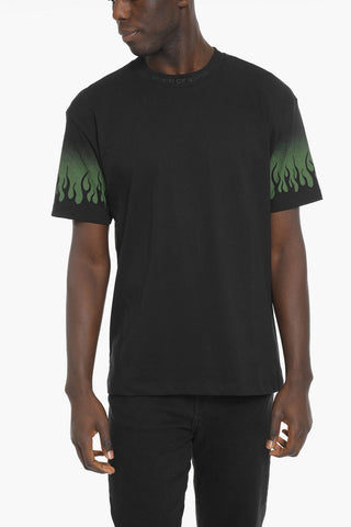 Solid Color Crew-neck T-Shirt with Flames Print