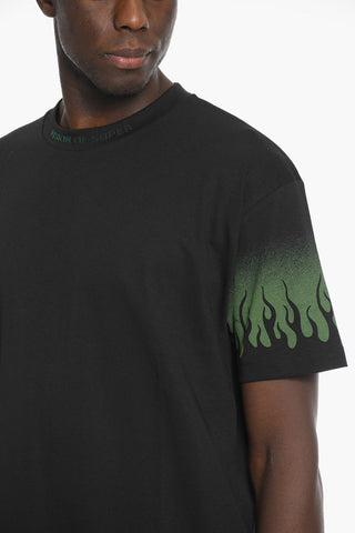 Solid Color Crew-neck T-Shirt with Flames Print