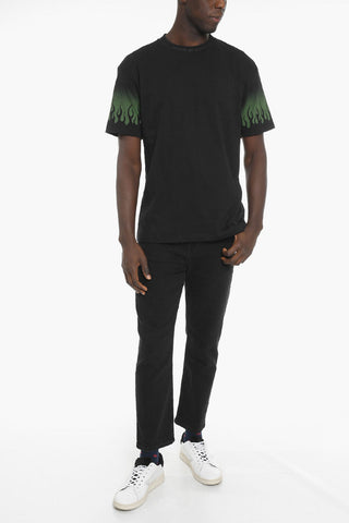 Solid Color Crew-neck T-Shirt with Flames Print