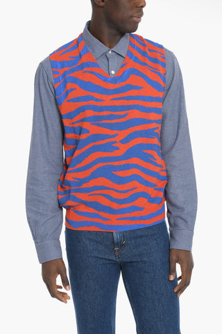 Two-Tone Animal Effect Sleeveless V-Neck Sweater