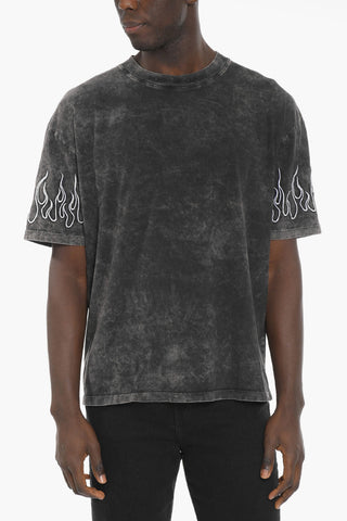 Acid-Wash Effect Crew-neck T-Shirt with Flames Embroidery