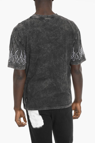 Acid-Wash Effect Crew-neck T-Shirt with Flames Embroidery