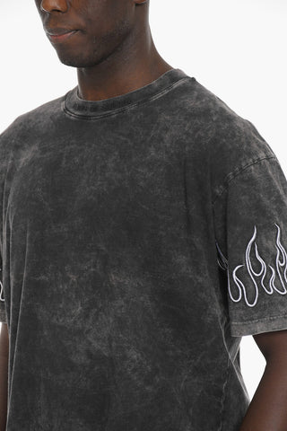 Acid-Wash Effect Crew-neck T-Shirt with Flames Embroidery