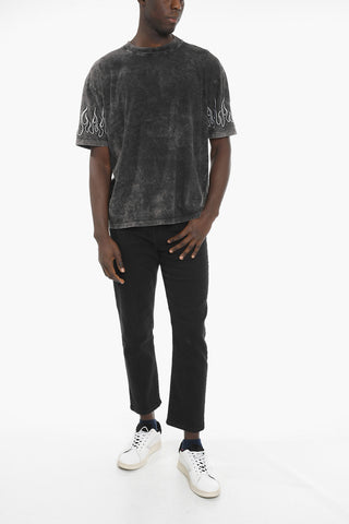 Acid-Wash Effect Crew-neck T-Shirt with Flames Embroidery