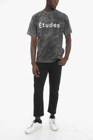 Acid-Wash Effect Crew-neck T-Shirt with Printed Logo