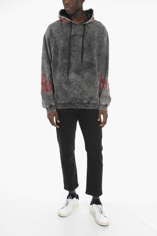 Felpa Hoodie Effetto Acid-Wash con Ricamo a Contrasto