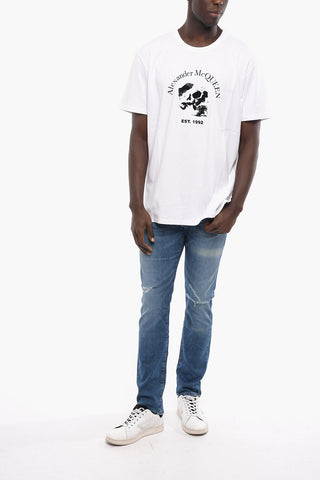 Crew Neck Cotton T-Shirt with Velour Print