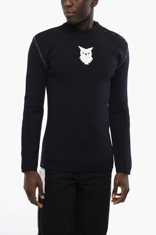 Buttoning Crew-neck Wool Sweater with Contrasting Stitching