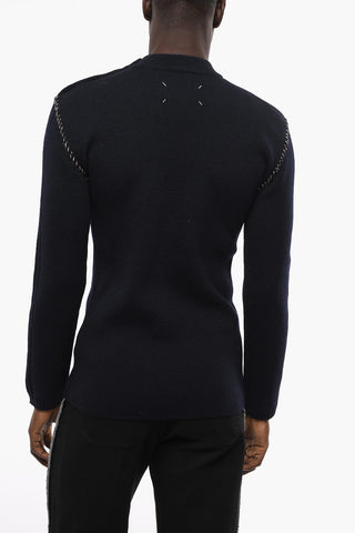Buttoning Crew-neck Wool Sweater with Contrasting Stitching