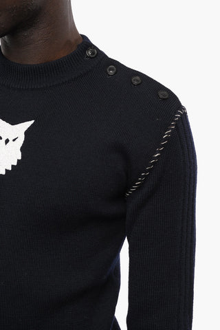 Buttoning Crew-neck Wool Sweater with Contrasting Stitching
