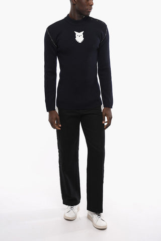 Buttoning Crew-neck Wool Sweater with Contrasting Stitching