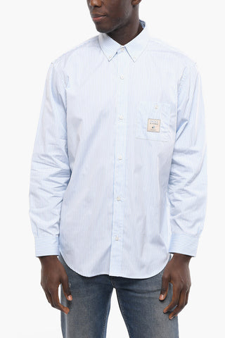 Two-Tone Striped Button-Down Collar Shirt with Breast Pocket