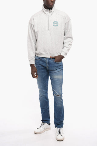 Solid Color Sweatshirt with Contrasting Print and Half Zip