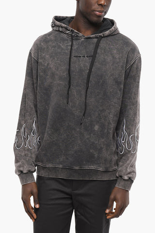 Acid Wash Effect Hoodie with Embroideries