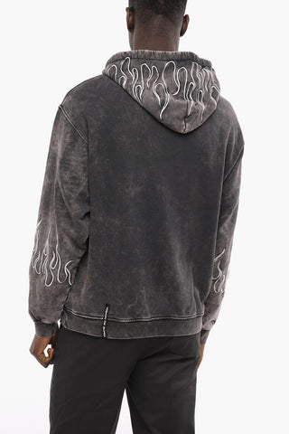 Acid Wash Effect Hoodie with Embroideries
