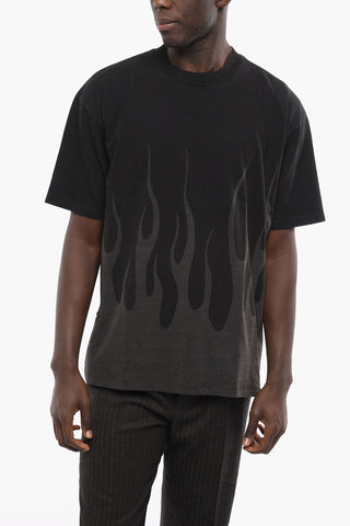 Solid Color Crew-neck T-Shirt with Flames Print