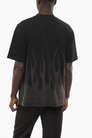 T-Shirt Girocollo in Tinta Unita con Stampa Fiamme