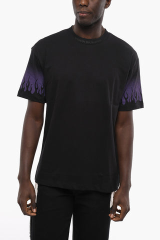 Solid Color Crew-neck T-Shirt with Flames Print
