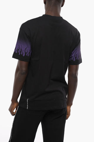 Solid Color Crew-neck T-Shirt with Flames Print