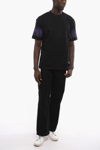 Solid Color Crew-neck T-Shirt with Flames Print