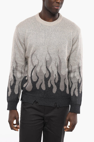 Vintage Effect Crew-neck Sweater with Flames Embroidery