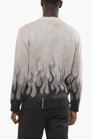 Vintage Effect Crew-neck Sweater with Flames Embroidery