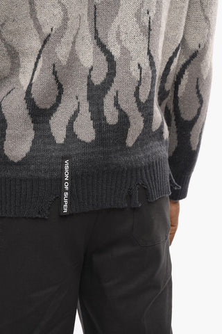 Vintage Effect Crew-neck Sweater with Flames Embroidery