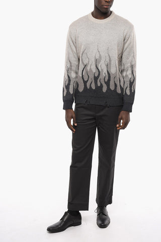 Vintage Effect Crew-neck Sweater with Flames Embroidery