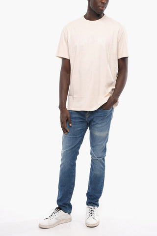 Crew Neck Cotton T-Shirt with Ton sur Ton Print