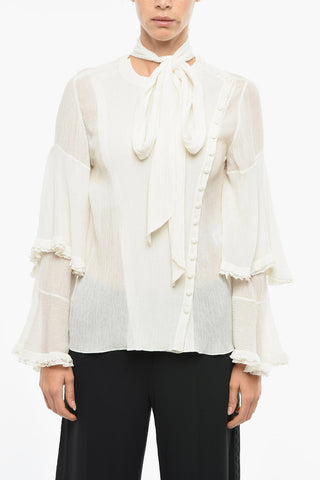 Tie Neck Ruffle Sleeved Shirt with Side Buttoning