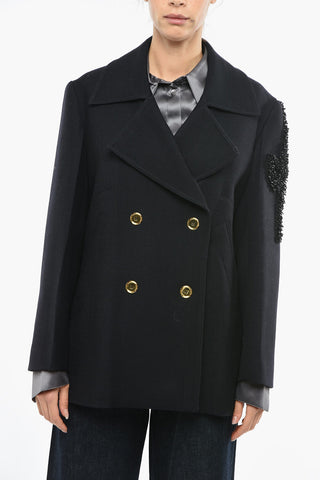 Double-breasted Virgin Wool Coat with Beads Detail