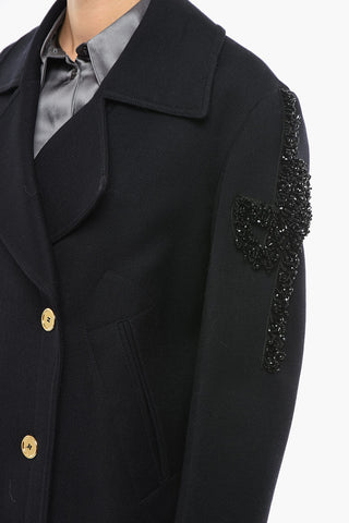 Double-breasted Virgin Wool Coat with Beads Detail