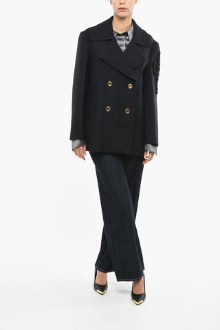 Double-breasted Virgin Wool Coat with Beads Detail
