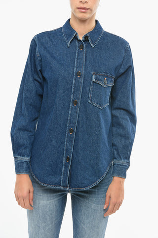 Denim Shirt with Breast Pocket and Visible Stitching